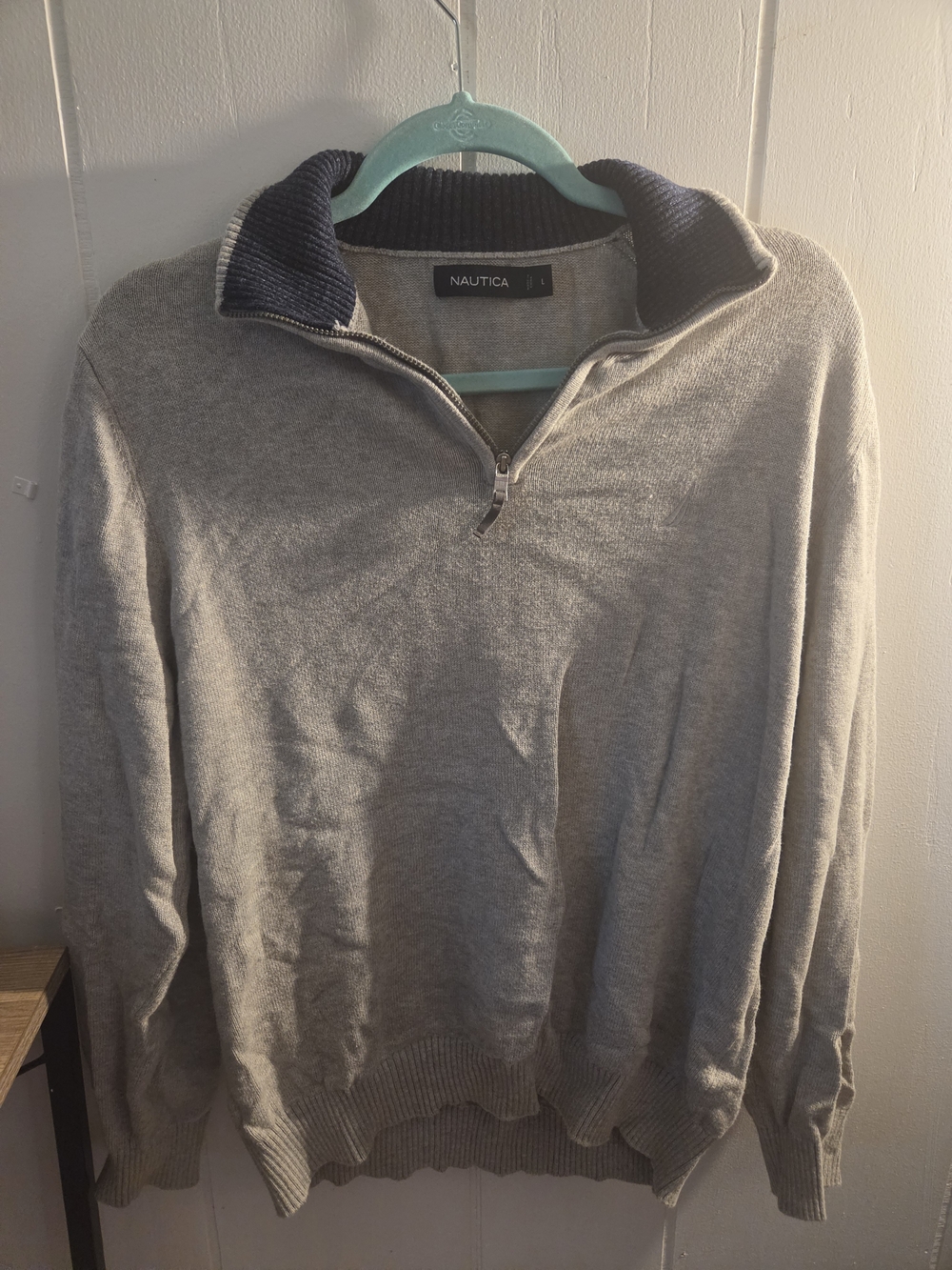 Nautica Men's Light Gray Half-Zip Sweater with Navy Ribbed Collar